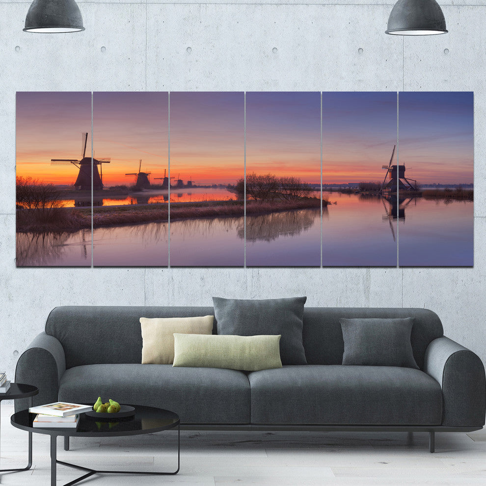 Dutch Windmills Panorama, Abstract Canvas Art Print, 70"x28", 6 Panels