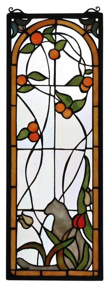 Meyda Lighting 67117 9"W X 25"H Cat & Tulips Stained Glass Window