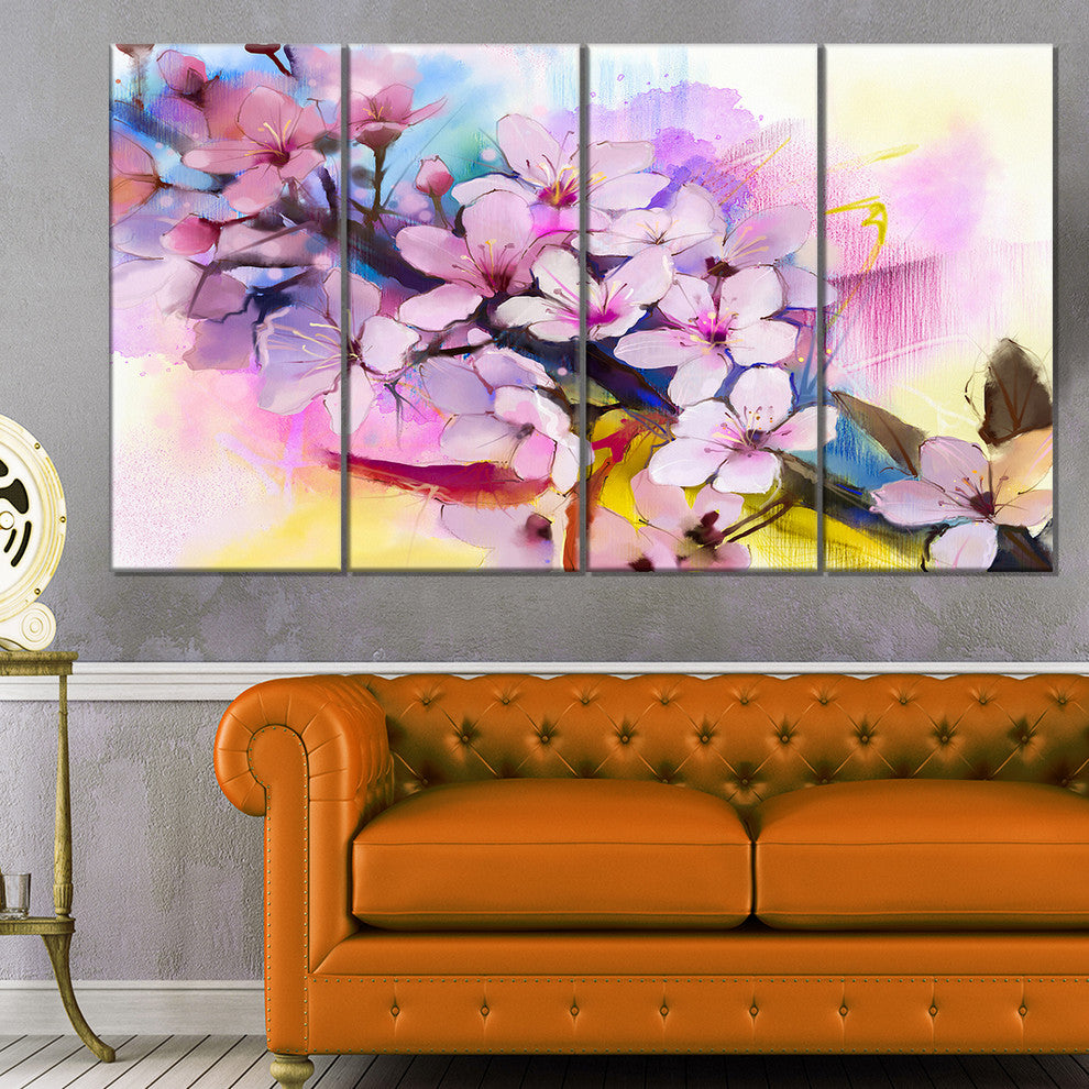 Japanese Cherry Blossoms Watercolor, Floral Canvas Art Print, 48"x28", 4 Panels