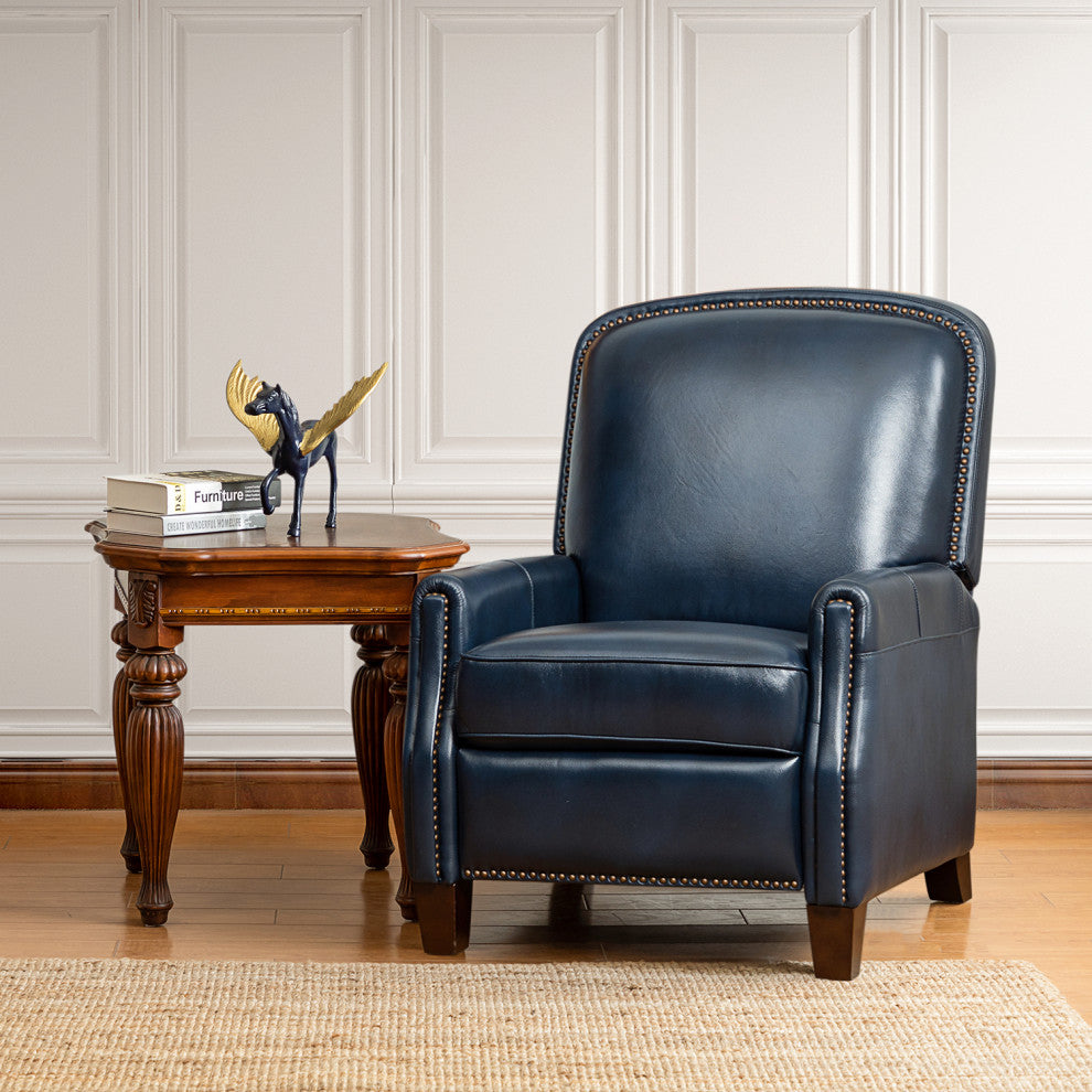 Genuine Leather Cigar Recliner With Nail Head Trim, Navy