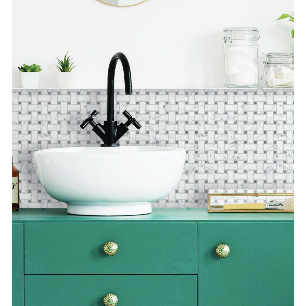Grey Basketweave Carrara Marble Peel & Stick Backsplash