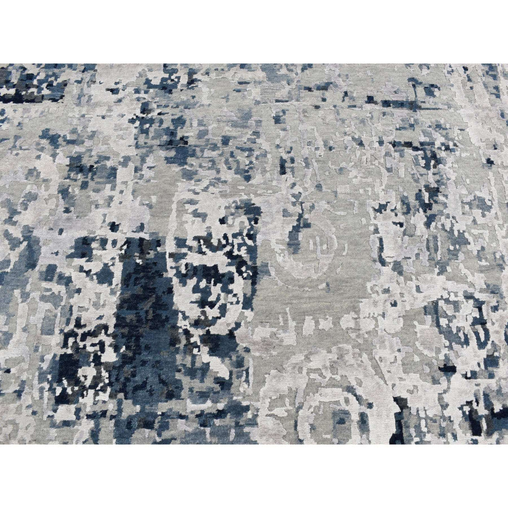 Arsenic Gray Hand Knotted Erased Circles Design Wool and Silk Rug 9'3"x12'