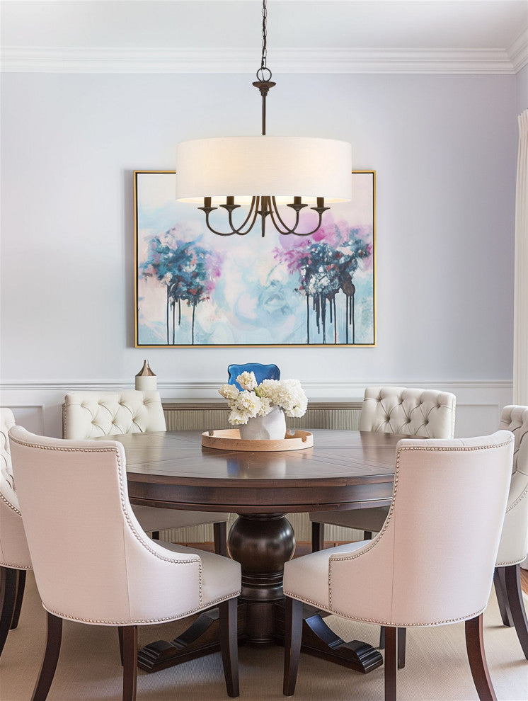 Kira Home Quinn 22" Chandelier, White Linen Drum Shade, Oil-Rubbed Bronze