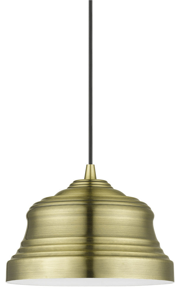 Endicott 1-Light Antique Brass Bell Pendant, Shiny White Inside