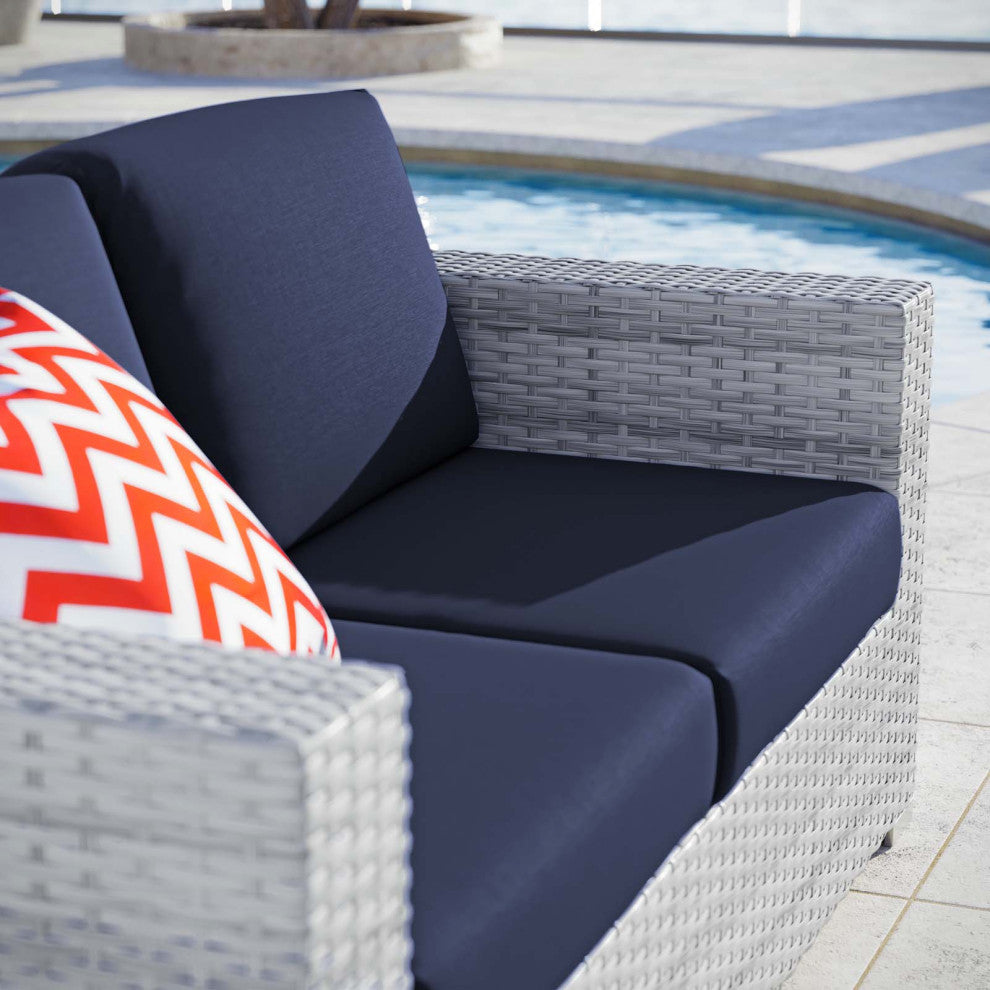 Lounge Loveseat Sofa, Rattan, Wicker, Gray Blue Navy, Modern, Outdoor Patio
