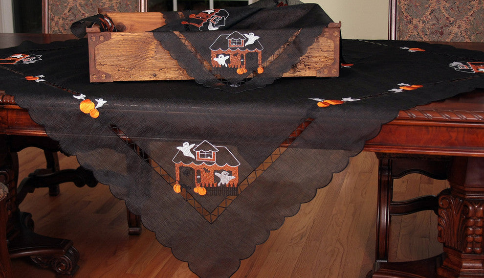 Haunted House Embroidered Cutwork 34"x34" Table Topper