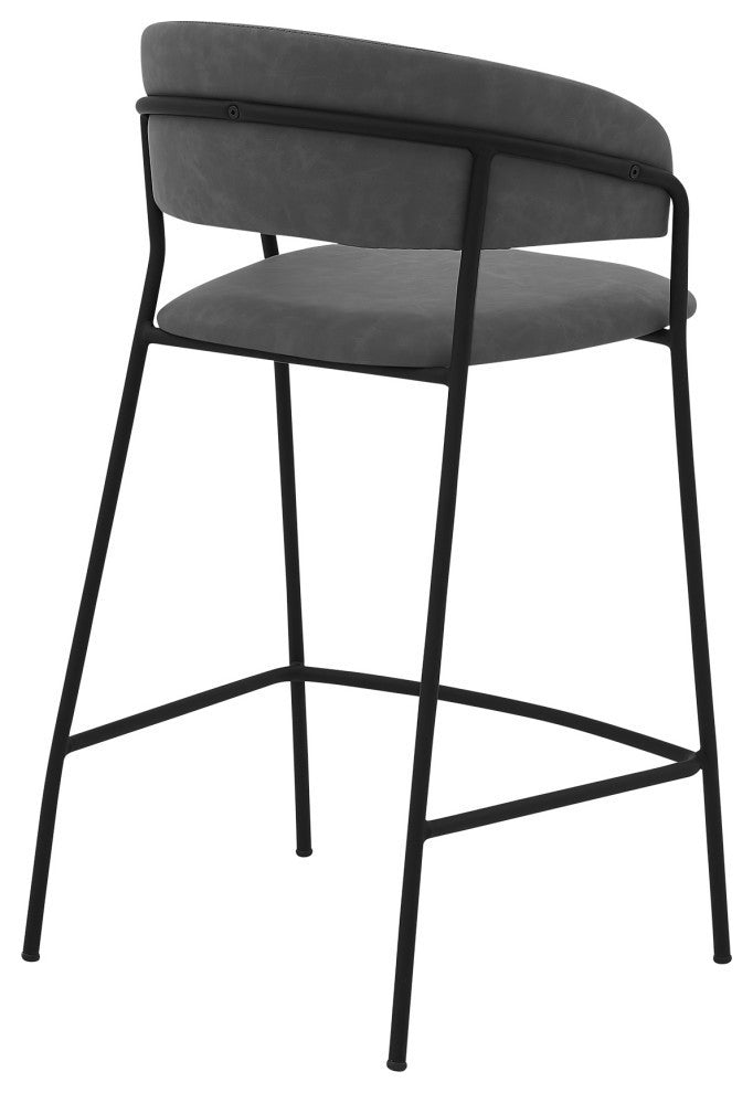 Nara 26" Faux Leather and Metal Counter Height Bar Stool, Black and Gray