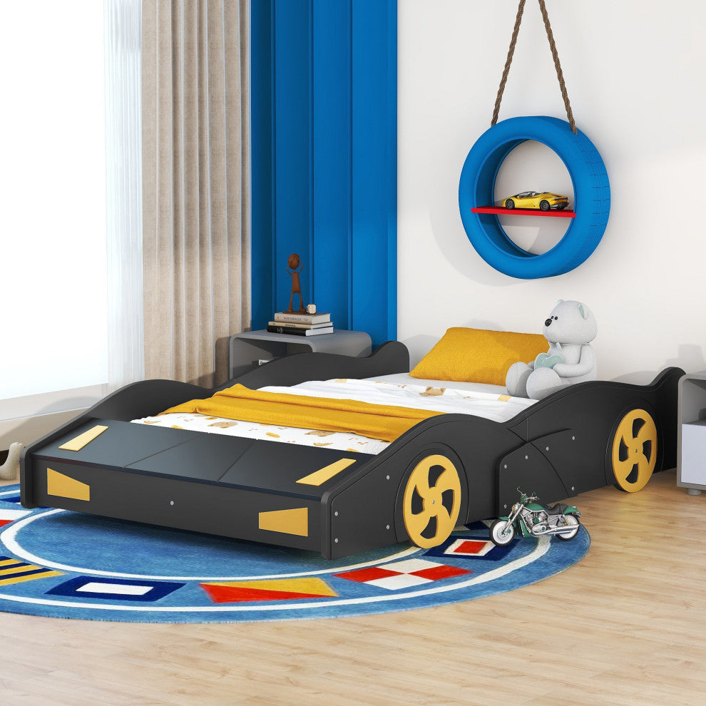 Gewnee Full Size Race Car-Shaped Platform Bed with Wheels and Storage
