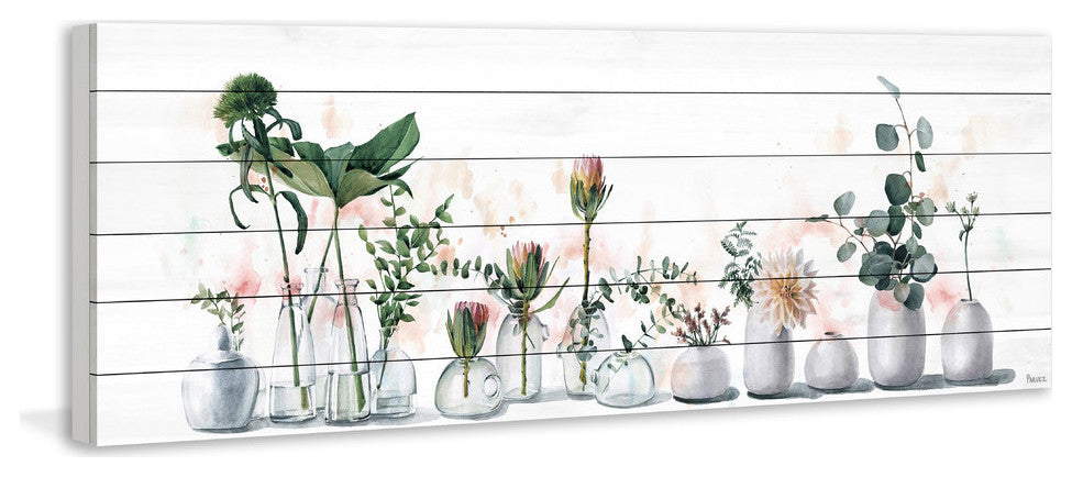 "White Vases" Painting Print on White Wood, 60"x20"