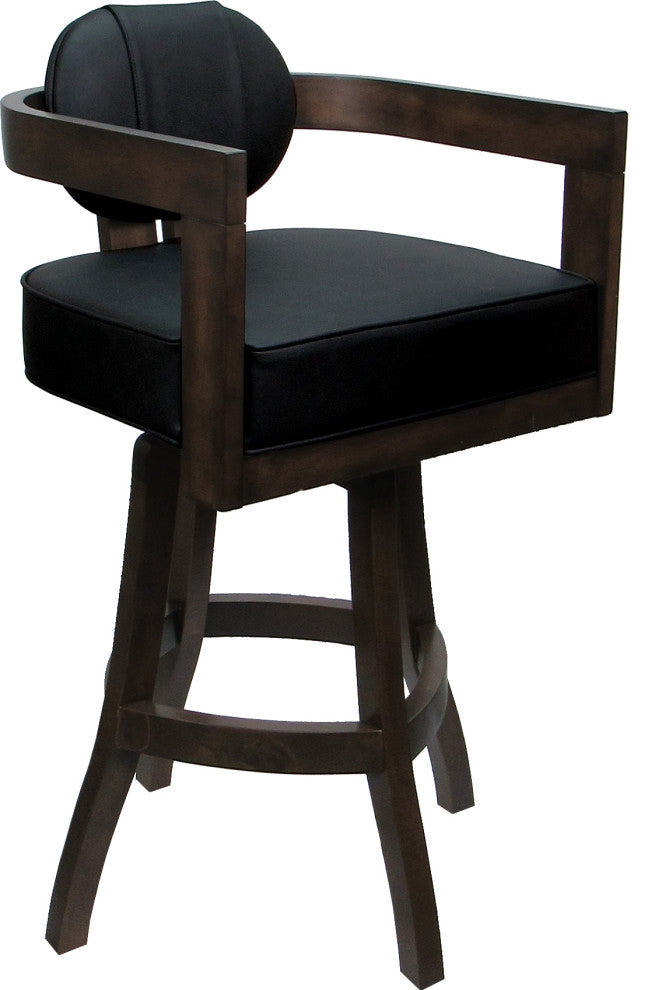 Swivel Wood Bar Stool Kadir Plus on S-Base, Black Vinyl - Dark Walnut, 26"