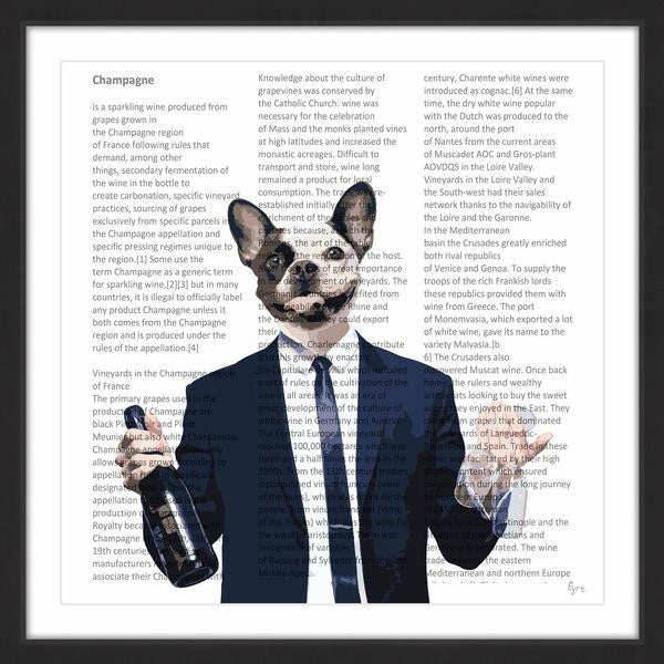 "Frenchie With Wine Bottle" Framed Painting Print, 24"x24"