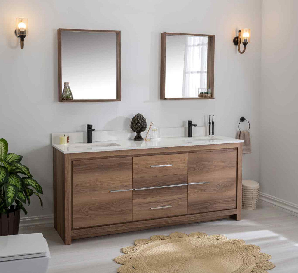 Mila Collection 72" Bathroom Vanity With Sink, Mirror, Countertop, Walnut Brown