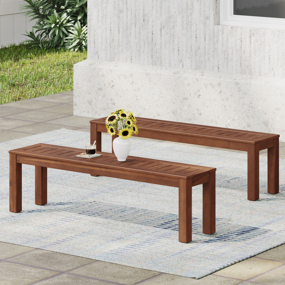 Ebany Outdoor Acacia Wood Dining Bench (Set of 2), Dark Brown
