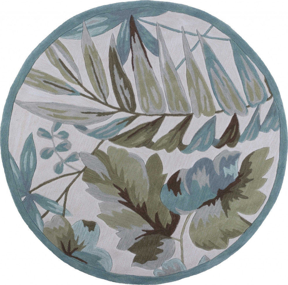 HomeRoots 6' Ivory Teal Hand Tufted Tropical Leaves Round Indoor Area Rug