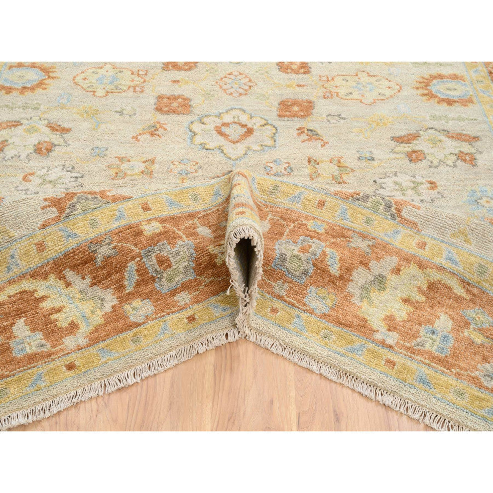 Tan Color, Oushak Design Pure Wool Hand Knotted Oriental Rug, 9'1"x11'9"