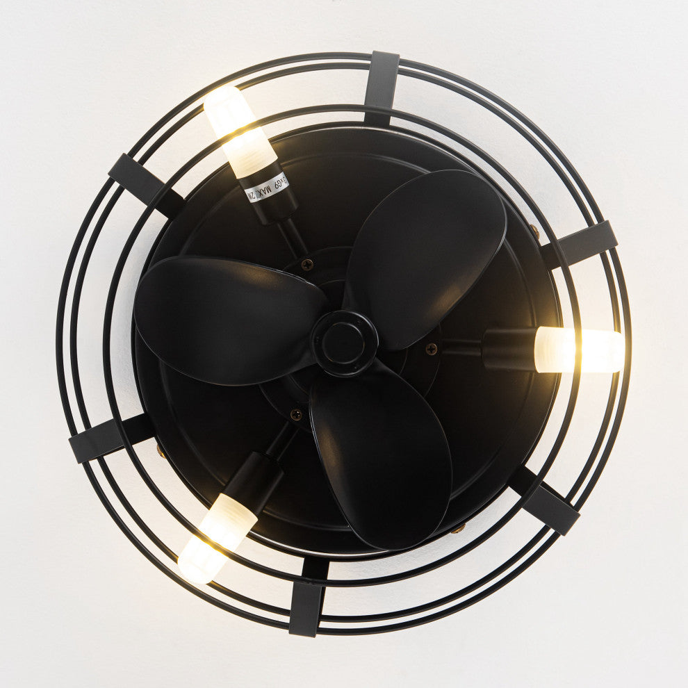 12 in Black Flush Mount Caged DC Motor Ceiling Fan with Light Kit and Remote