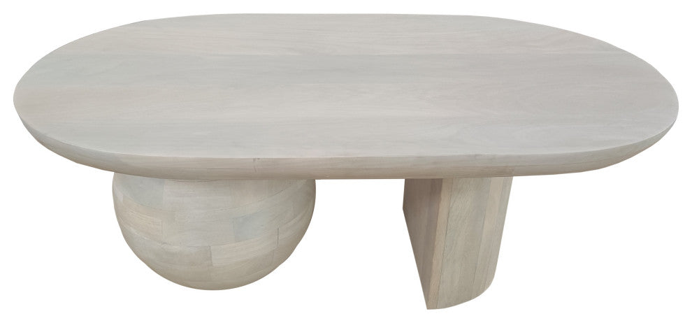38" Coffee Table Oblong Mango Wood Top With a Modern Ball Leg Washed White