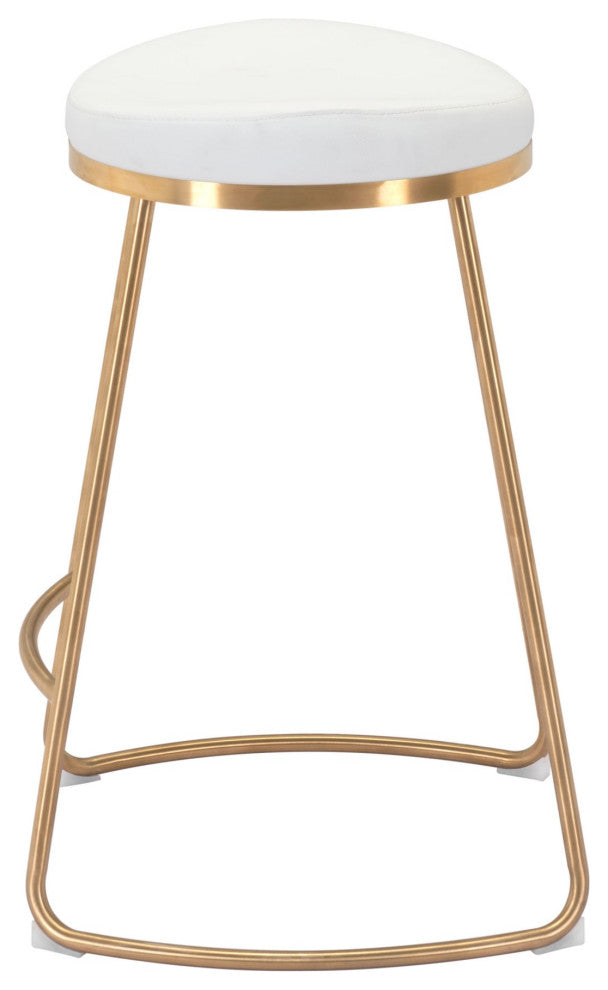 Counter Stool Chair, Set of 2, Faux Vinyl Leather, Steel, White, Gold, Cafe