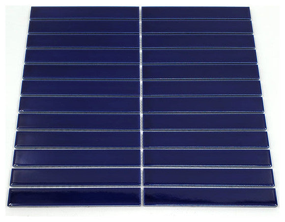 Gio Cobalt Blue Glossy 1" X 6" Stacked Linear Porcelain Mosaic Tile, 55 Sheets
