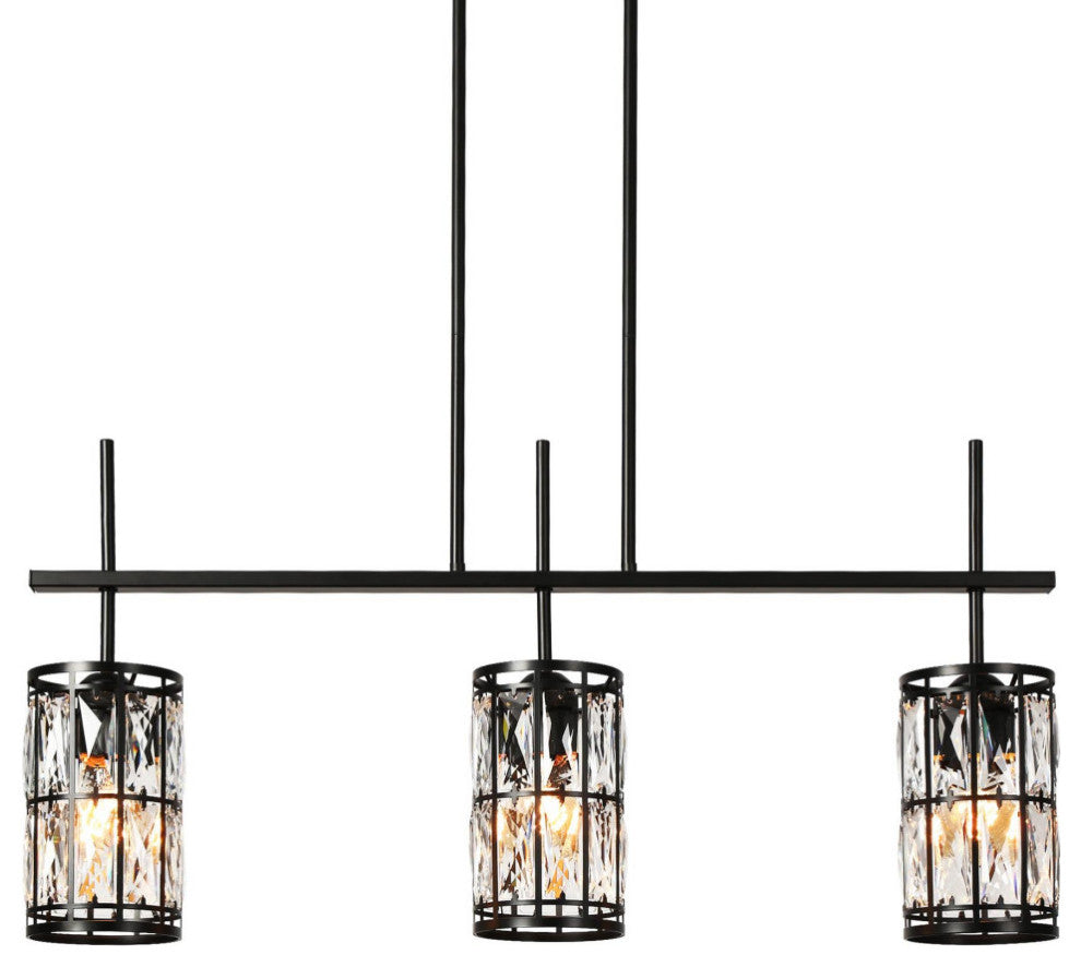 LNC Chispa Black Modern Linear Crystal Large Kitchen Island Light, 3 Lights