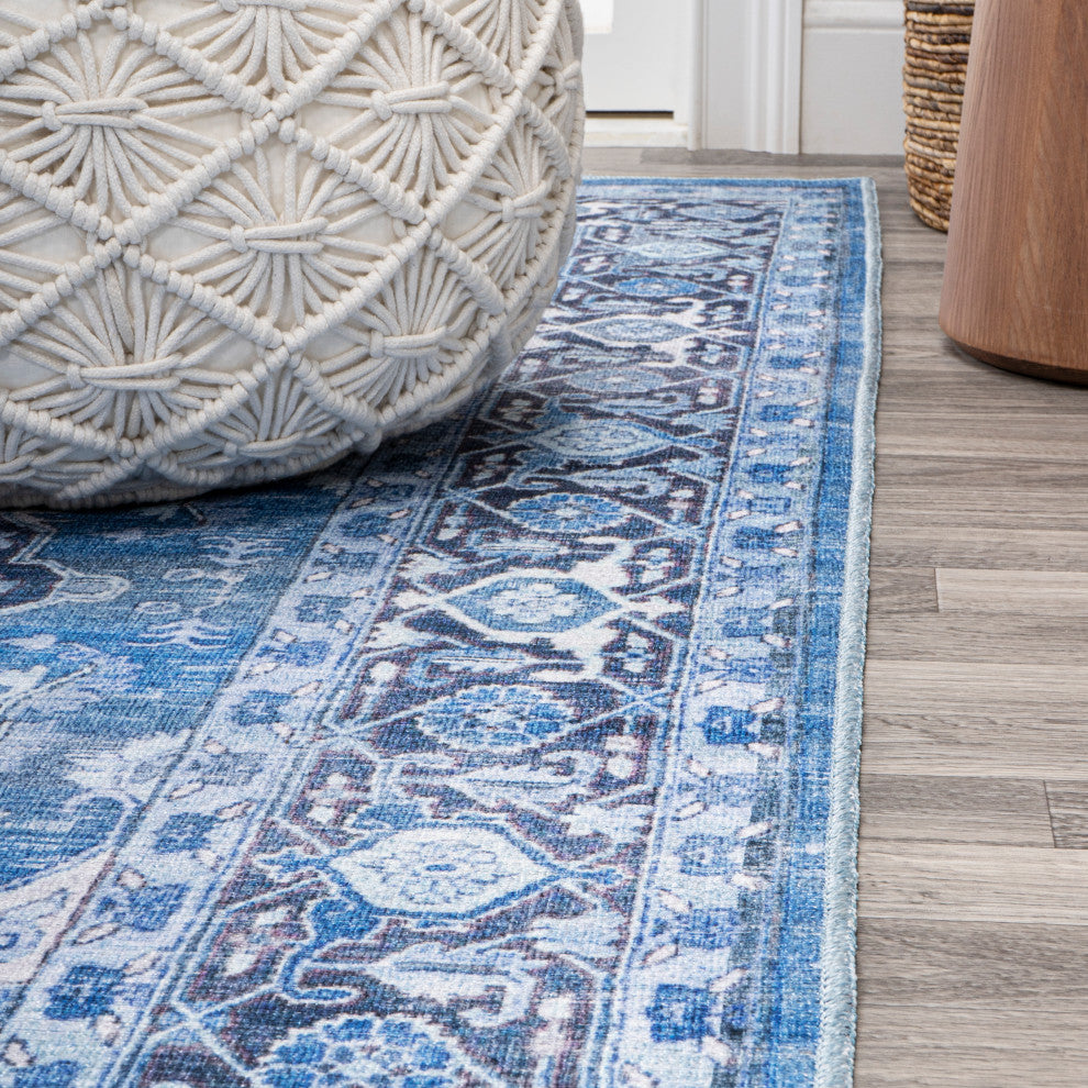 Maris Ornate Medallion Machine Washable Indoor Area Rug, Blue/Navy, 2 X 8
