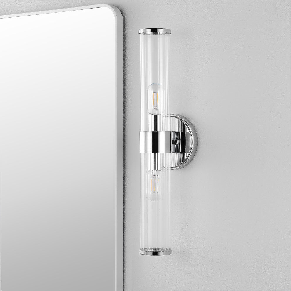 Cecil Tall Cylinder Iron/Striped Glass Modern LED Vanity, Chrome, 2-Light