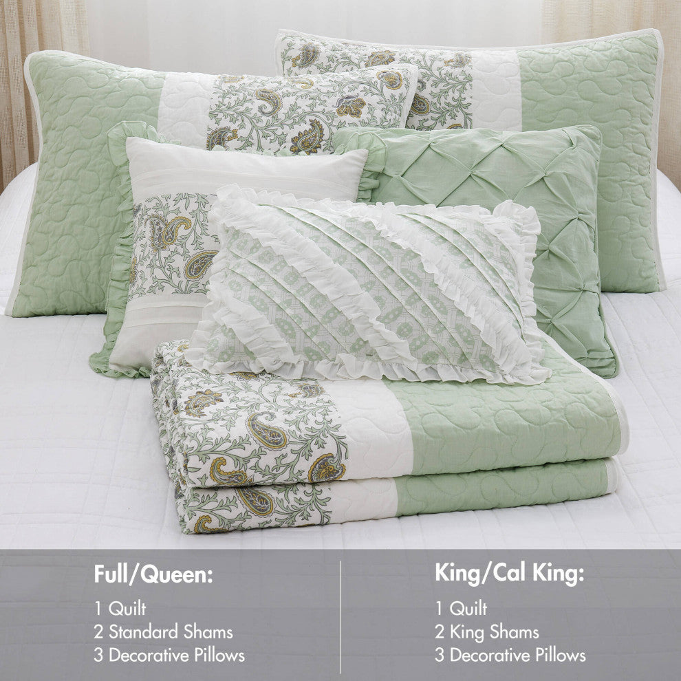 Madison Park Dawn 6 Piece Cotton Percale Quilt Set with Throw Pillows, Sage Green, Full/Queen