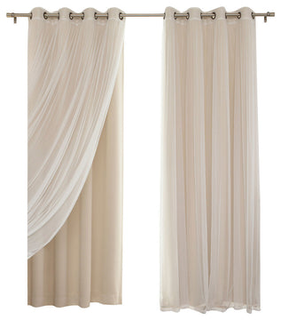 Gathered Tulle Sheer and Blackout 4-Piece Curtain Set, Beige, 84"
