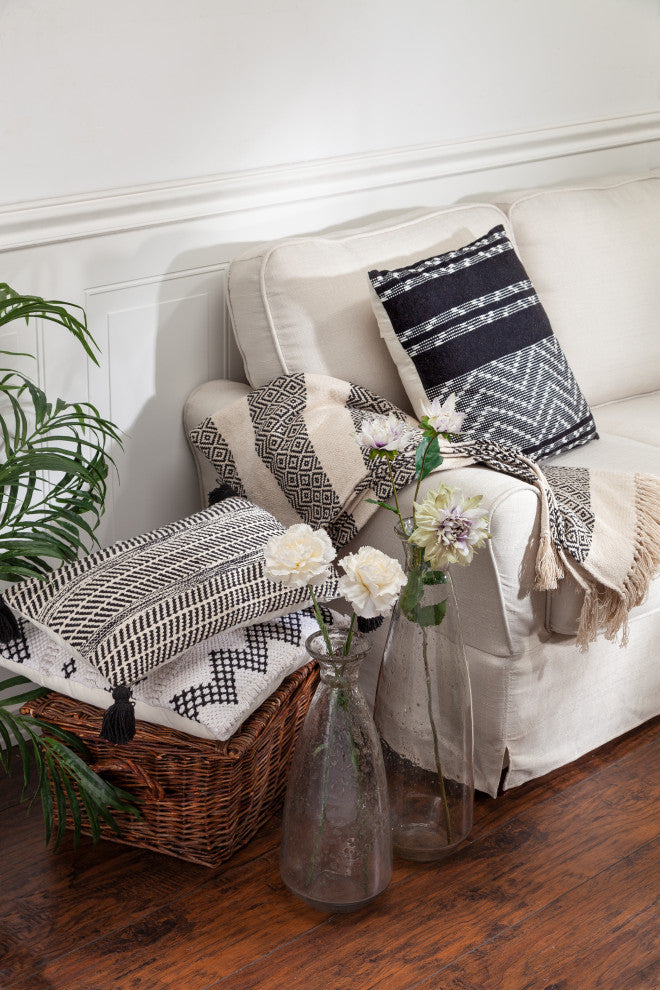 18" Black and Ivory Woven Cotton Square Accent Pillow
