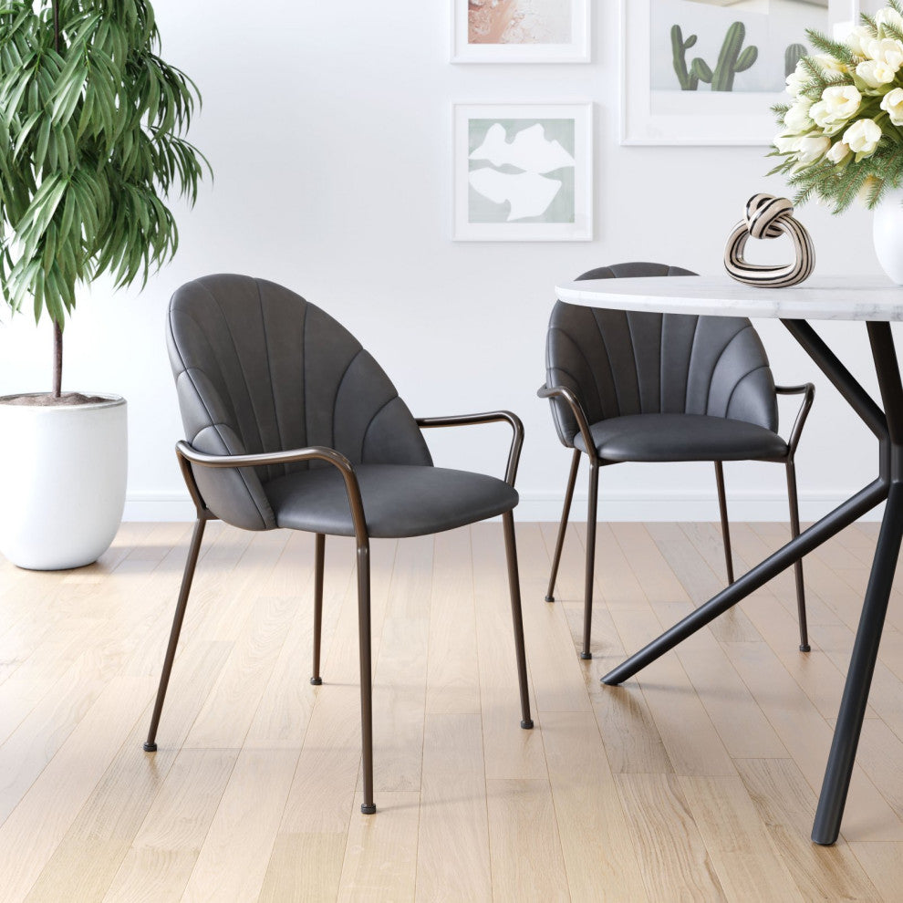 Dining Chair, Set of 2, Faux Vinyl Leather, Steel, Gray, Brown, Cafe