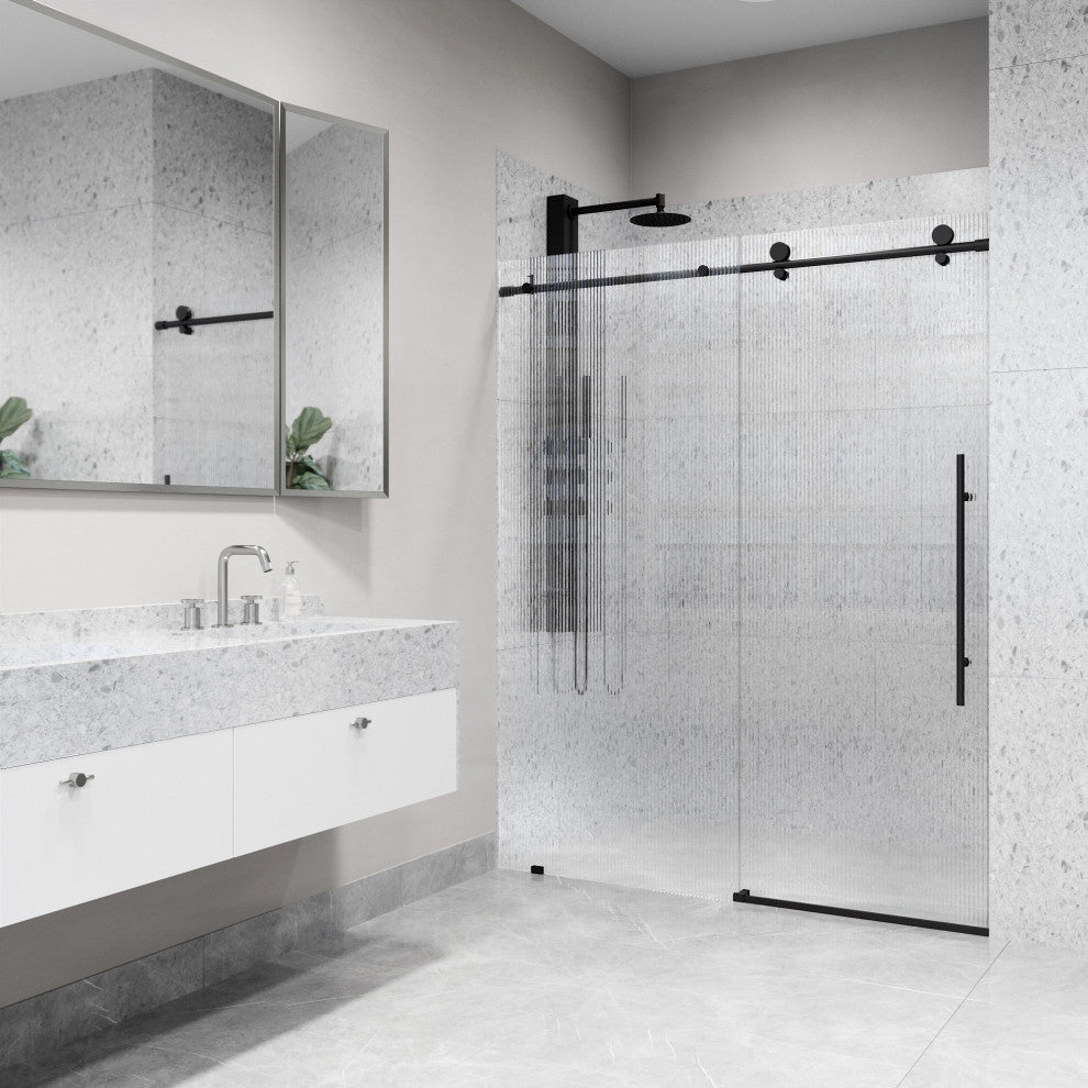 VIGO Elan E-Class 56" to 60" W x 76" H Frameless Sliding Shower Door, Matte Black, Fluted Glass, Right