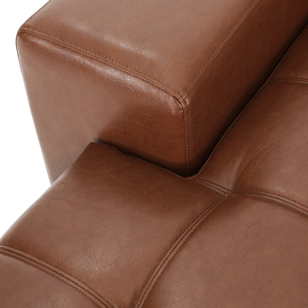 Littell Faux Leather Tufted 3 Seater Sofa, Chaise Sectional Set, Cognac/Brown