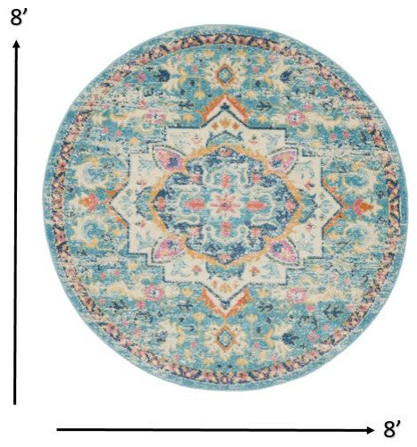 8' Blue And Ivory Round Dhurrie Area Rug