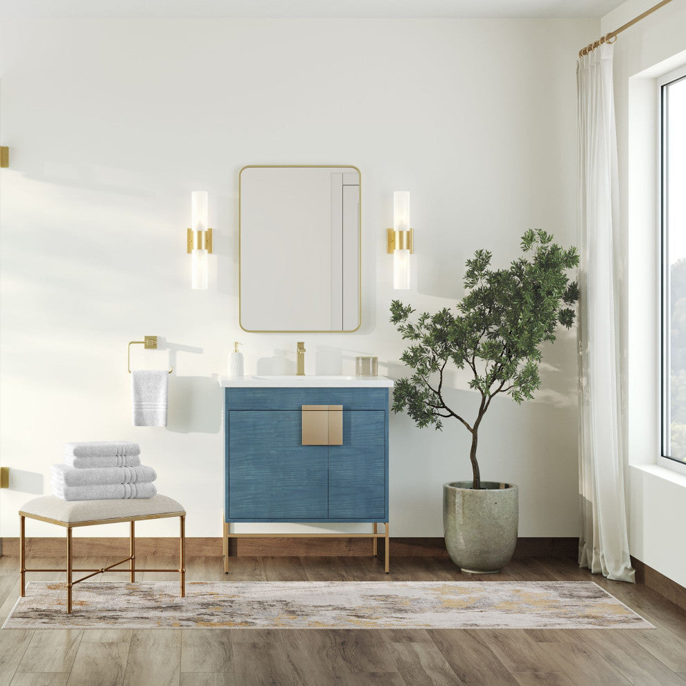 Lockhart Bath Vanity, French Blue, 30", Satin Brass Hardware, Single Sink, Freestanding