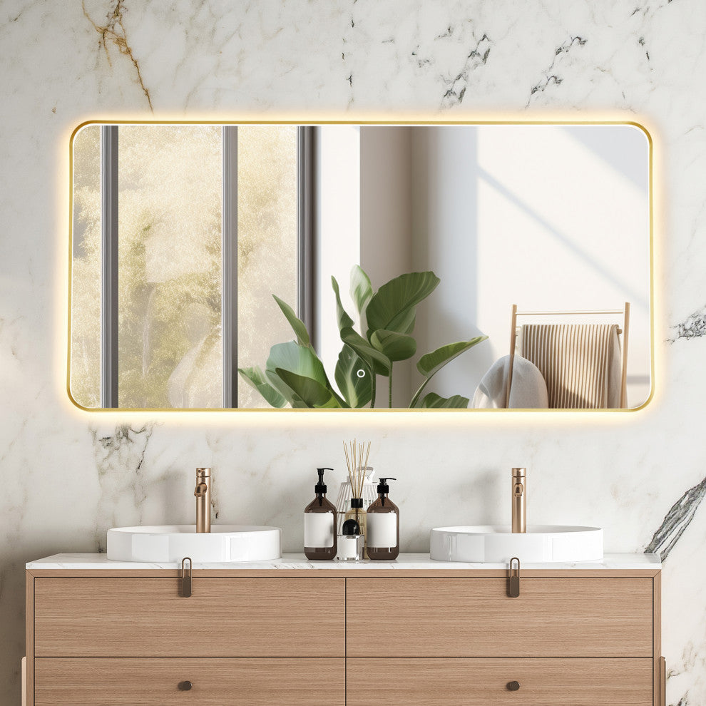 Dazzle Rectangular Bathroom/Vanity LED Lighted Wall Mirror, Brushed Gold, 60"