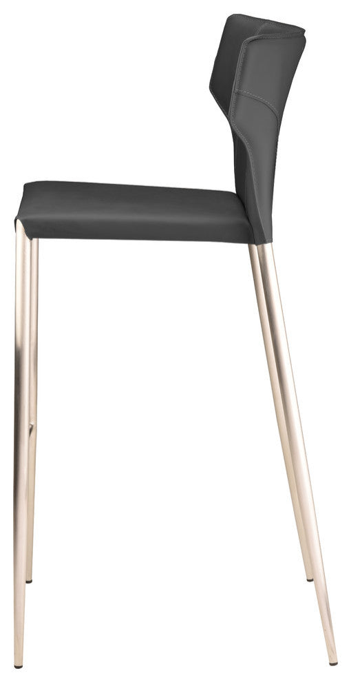 Wayne Bar Stool, Modern Gray Barstool Gray Leather, Brushed Stainless Steel Legs