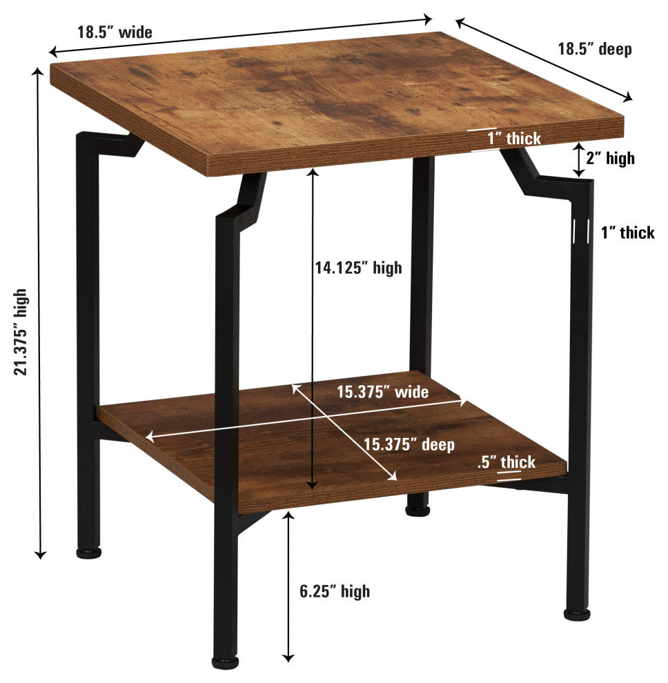 Crown Square Side End Table, Storage Shelf Rustic Hickory, Black Metal