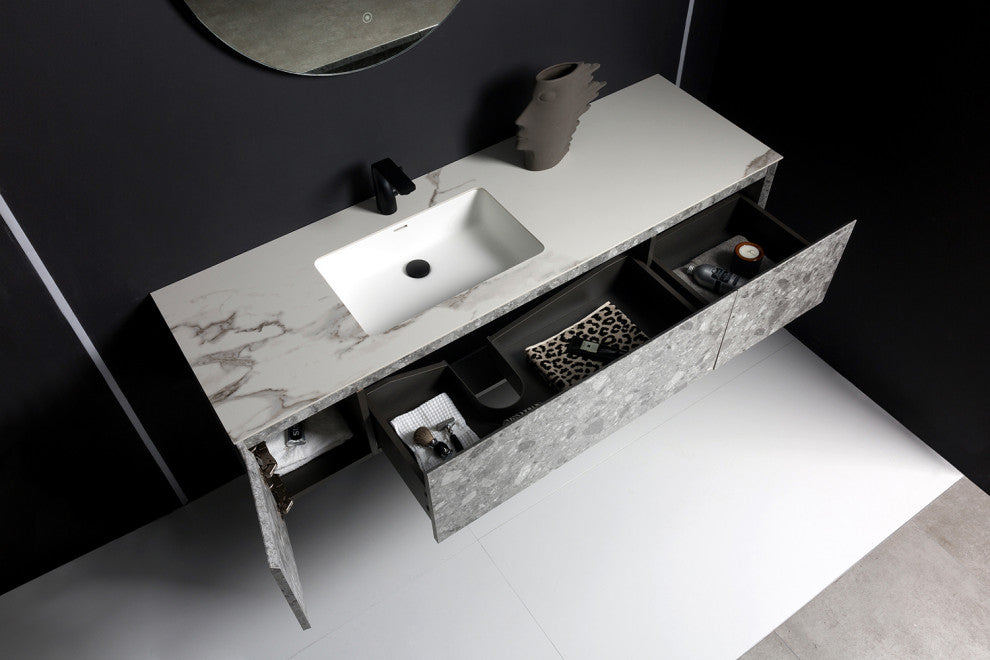 Terazzo Grey Bathroom Vanity with Imitation Stone Design, 65"