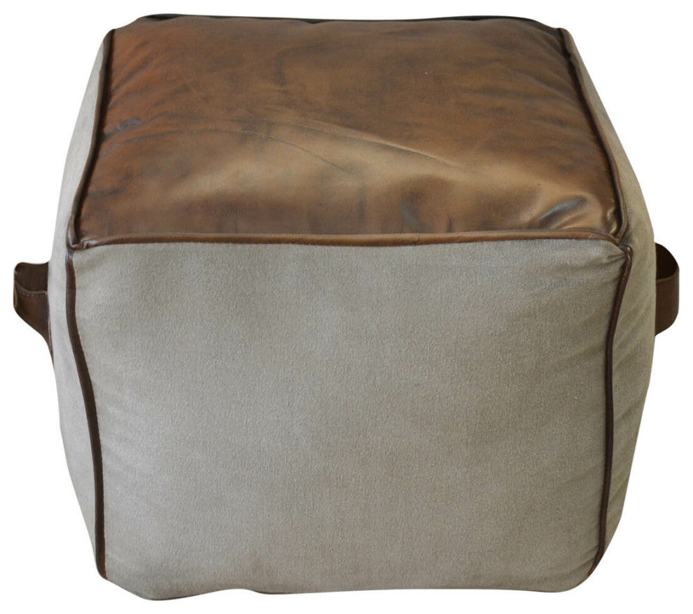 Rectangular Canvas Leather Pouf Nara With Leather Accents