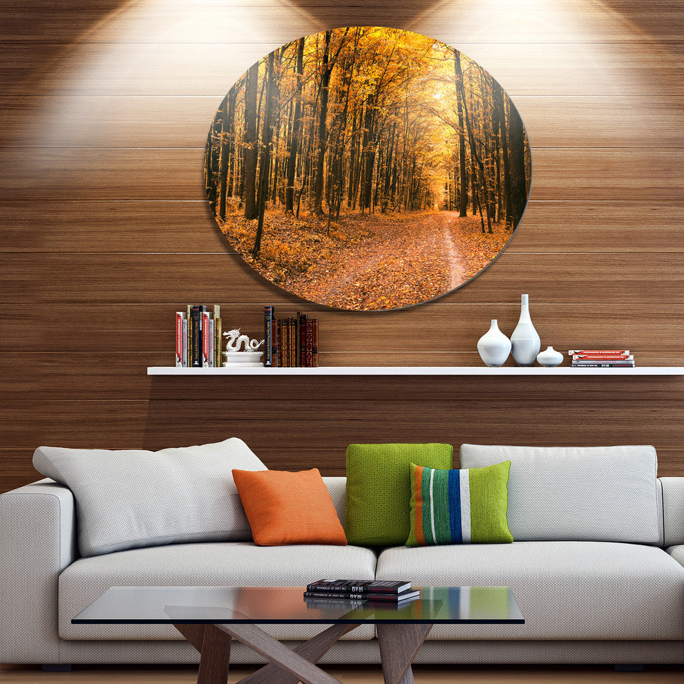 Pathway In Yellow Autumn Forest, Forest Large Disc Metal Wall Art, 11"
