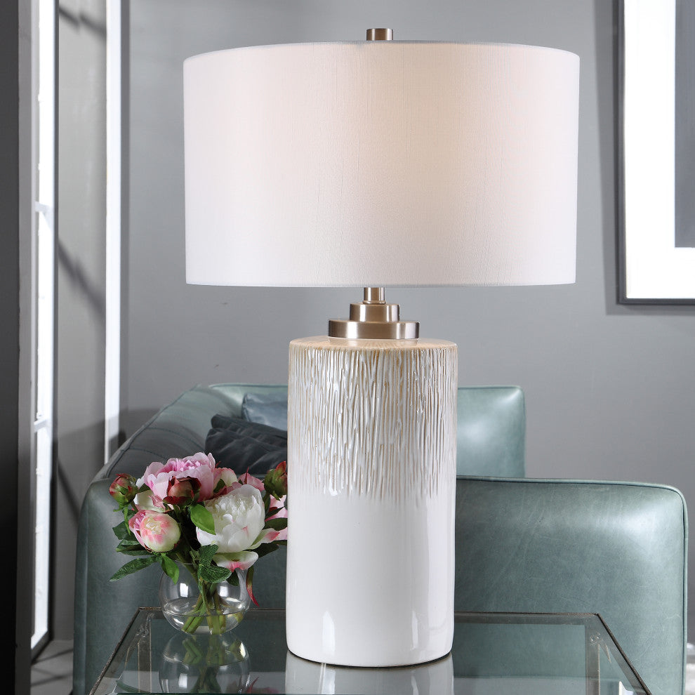 Modern Textured Ribbed White Cylinder Table Lamp, Beige Drip Elegant Ceramic