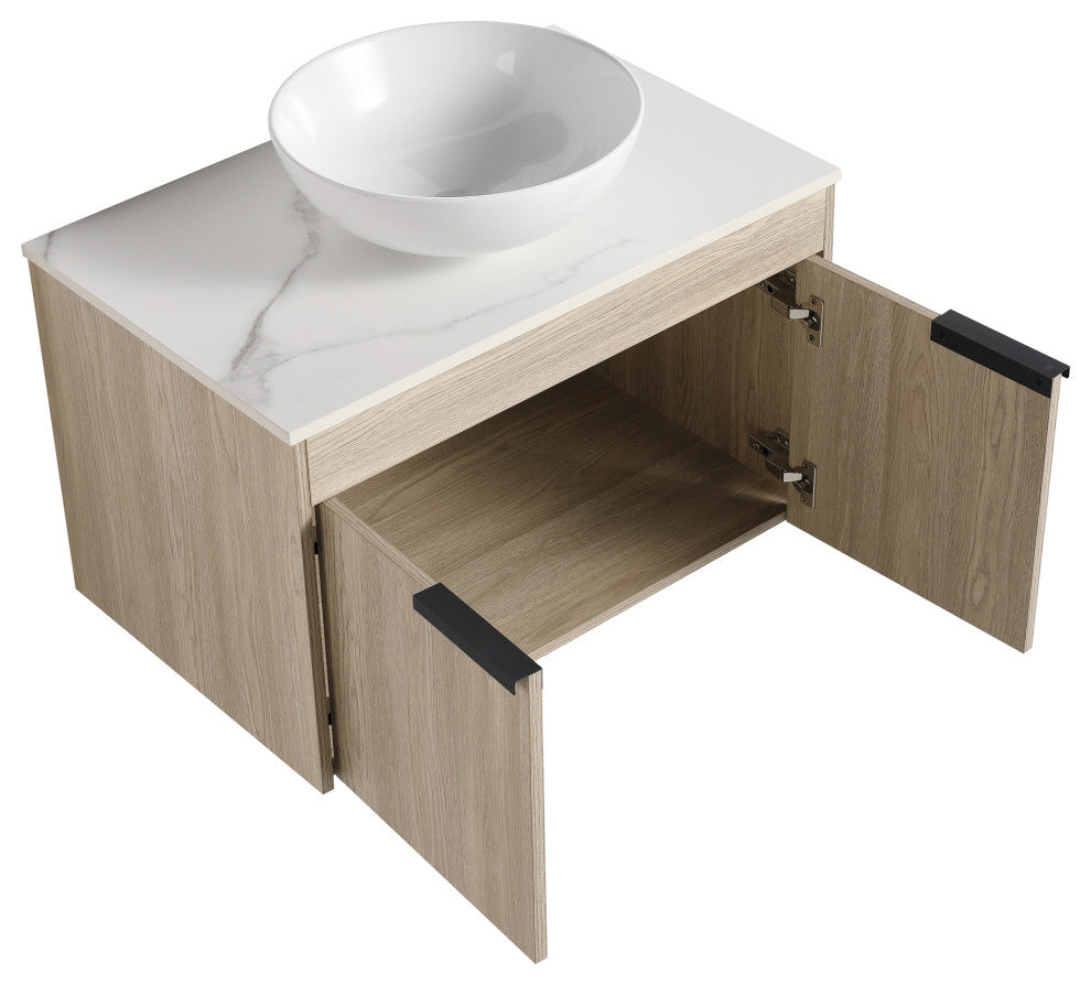 Wall-Mounted Bath Vanity, White Oak, White Ceramic Vessel Sink