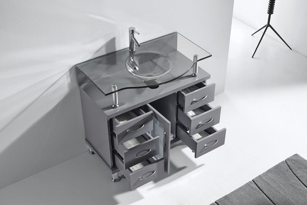 Virtu Vincente 36" Single Bathroom Vanity, Gray With Clear Tempered Glass Top