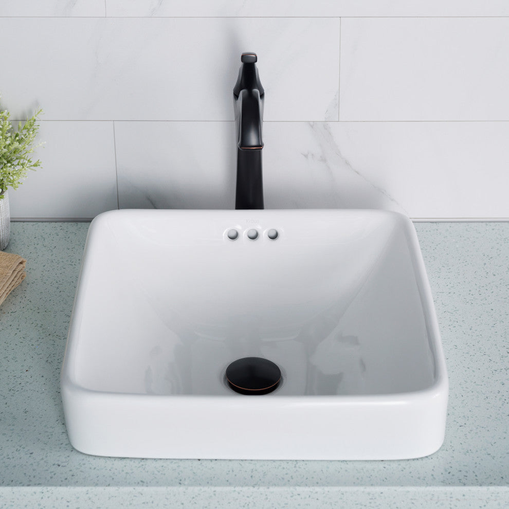Elavo Square Ceramic Semi-Recessed White Bathroom Sink, Pack of 2