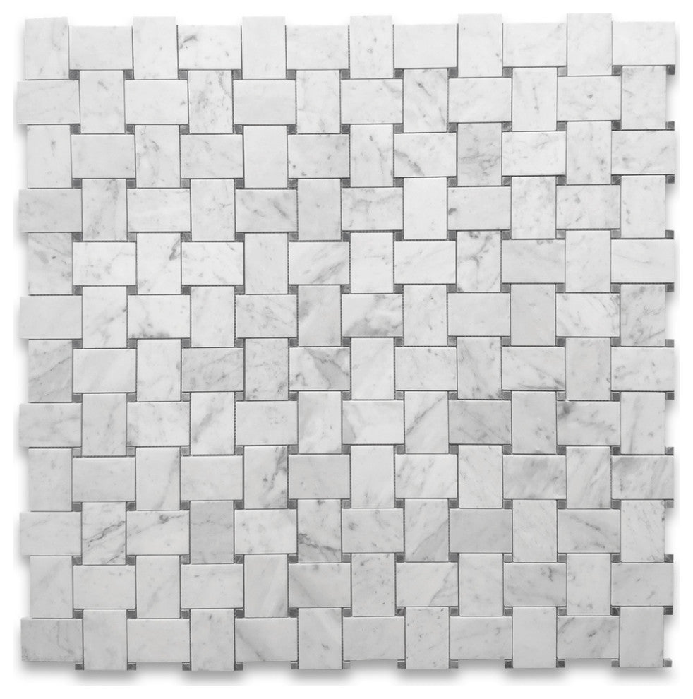 Carrara White Marble Large Basketweave Tile Bardiglio Gray Dots Polish, 1 sheet