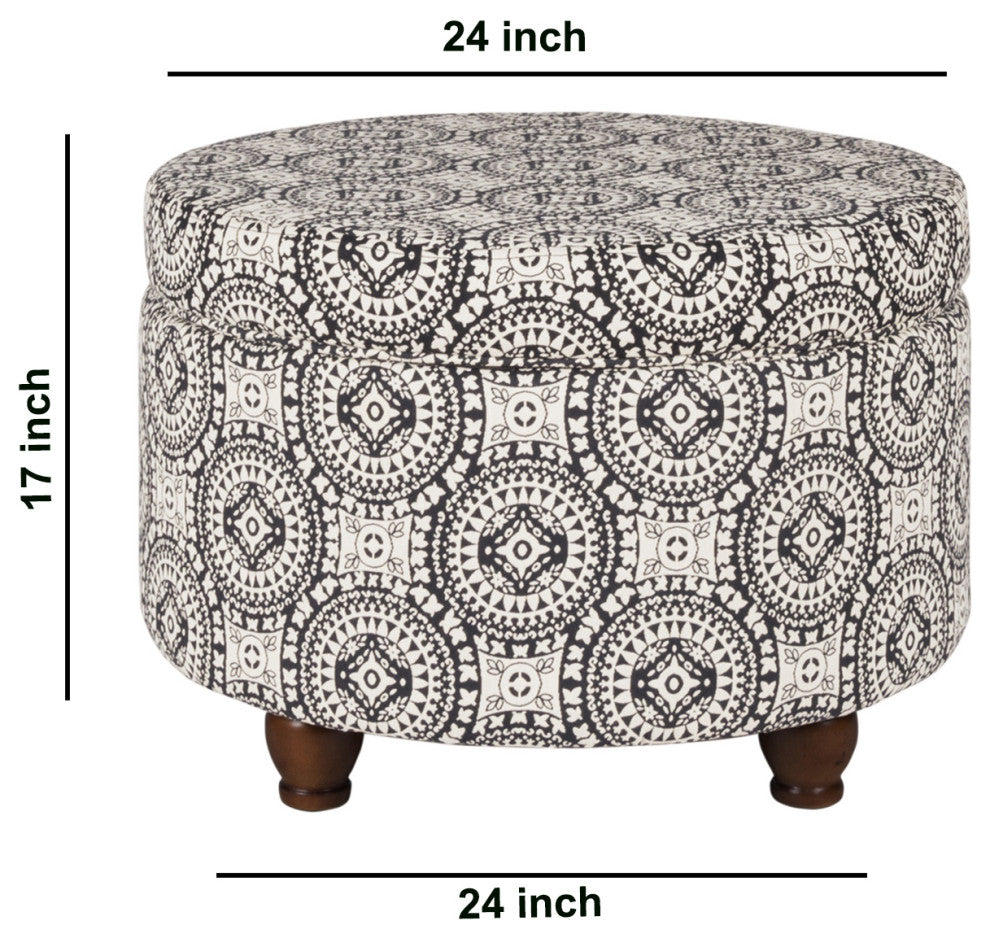 Benzara BM194943 Fabric Upholstered Ottoman With Wooden Bun Feet, Cream/Black