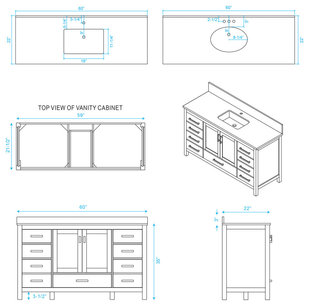 Wyndham WCS141460SGYCMUNSMED 60" Vanity in Gray + Carrera Marble and Square Sin