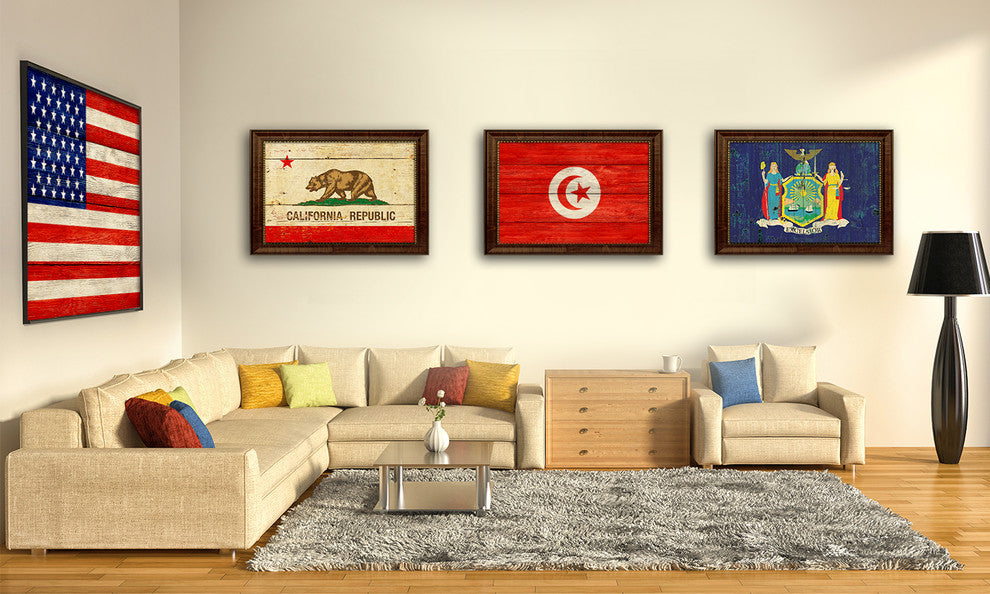 Tunisia Country Textured Flag Print With Brown Gold Frame, 19"X27"