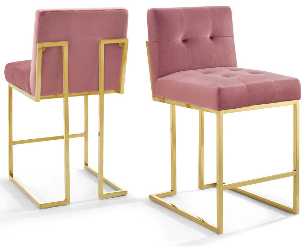Counter Stool Chair, Set of 2, Velvet, Metal, Gold Pink, Modern, Bar Pub Bistro