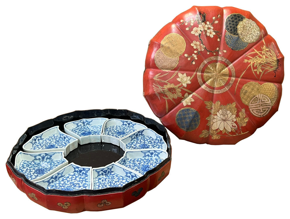 Vintage Distressed Pink Red Lacquer Round Box, Porcelain Plates, Hws2253